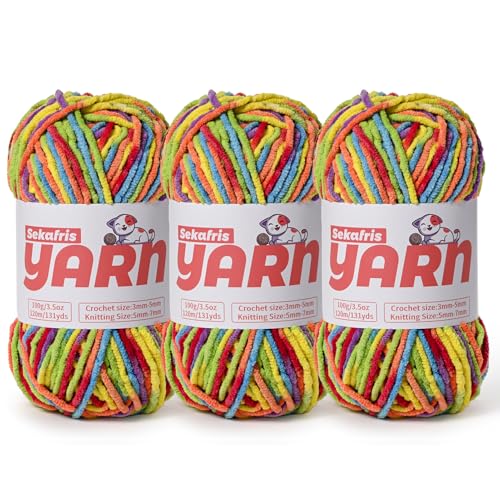 3 x grobes Plüsch-Chenille-Garn zum Häkeln, weiches, flauschiges Samtgarn zum Häkeln, flauschige Babydecken-Strickgarne, 300 g, sperrige Amigurumi-Garne (3 Regenbogen) von Sekafris