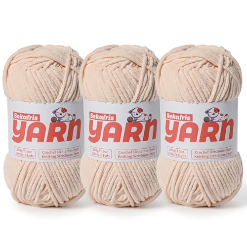 3 x grobes Plüsch-Chenille-Garn zum Häkeln, weiches, flauschiges Samtgarn zum Häkeln, flauschiges Babydecken-Strickgarn, 300 g, sperrige Amigurumi-Garne (3 Beige) von Sekafris