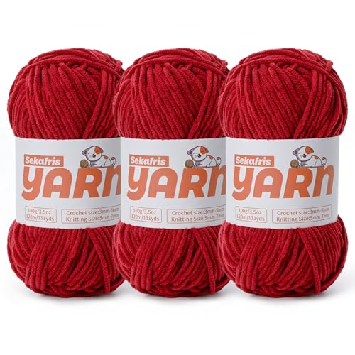 3 x grobes Plüsch-Chenille-Garn zum Häkeln, weiches, flauschiges Samtgarn zum Häkeln, flauschiges Babydecken-Strickgarn, 300 g, sperrige Amigurumi-Garne (3 Burgunderrot) von Sekafris