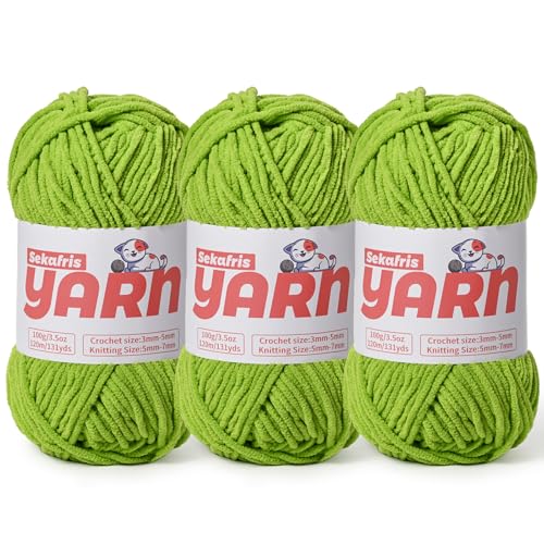 3 x grobes Plüsch-Chenille-Garn zum Häkeln, weiches, flauschiges Samtgarn zum Häkeln, flauschiges Babydecken-Strickgarn, 300 g, sperrige Amigurumi-Garne (3 Limettengrün) von Sekafris
