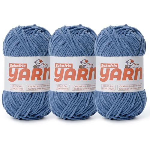 3 x grobes Plüsch-Chenille-Garn zum Häkeln, weiches, flauschiges Samtgarn zum Häkeln, flauschiges Babydecken-Strickgarn, 300 g, sperrige Amigurumi-Garne (3 Marineblau) von Sekafris