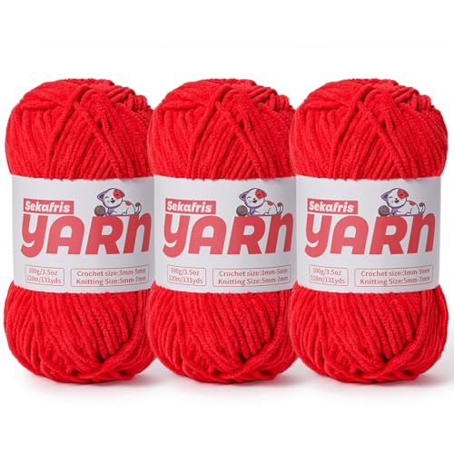 3 x grobes Plüsch-Chenille-Garn zum Häkeln, weiches, flauschiges Samtgarn zum Häkeln, flauschiges Babydecken-Strickgarn, 300 g, sperrige Amigurumi-Garne (3 Rot) von Sekafris