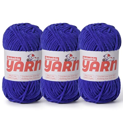 3 x grobes Plüsch-Chenille-Garn zum Häkeln, weiches, flauschiges Samtgarn zum Häkeln, flauschiges Babydecken-Strickgarn, 300 g, sperrige Amigurumi-Garne (3 Saphirblau) von Sekafris