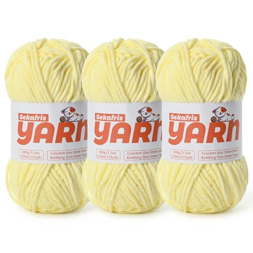 3 x grobes Plüsch-Chenille-Garn zum Häkeln, weiches, flauschiges Samtgarn zum Häkeln, flauschiges Babydecken-Strickgarn, 300 g, sperrige Amigurumi-Garne (3 Zitronengelb) von Sekafris