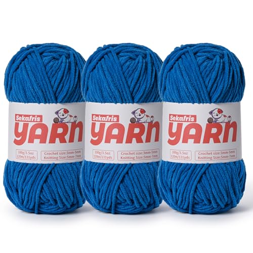 3 x grobes Plüsch-Chenille-Garn zum Häkeln, weiches, flauschiges Samtgarn zum Häkeln, flauschiges Babydecken-Strickgarn, 300 g, sperrige Amigurumi-Garne (3 blau) von Sekafris