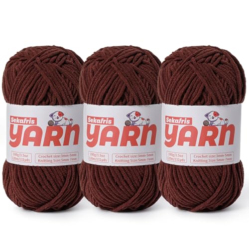 3 x grobes Plüsch-Chenille-Garn zum Häkeln, weiches, flauschiges Samtgarn zum Häkeln, flauschiges Babydecken-Strickgarn, 300 g, sperrige Amigurumi-Garne (3 dunkles Kaffee) von Sekafris