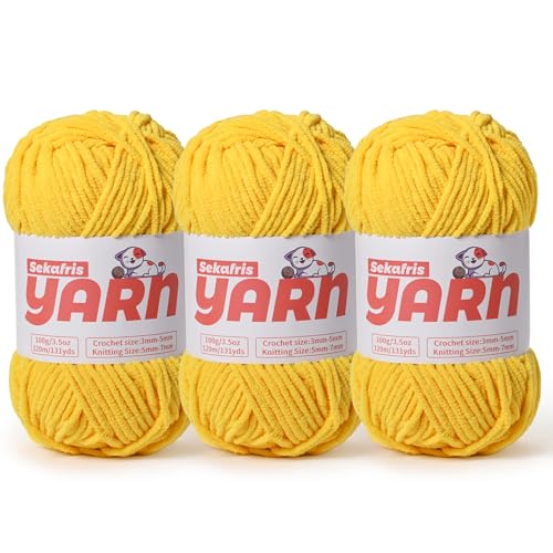 3 x grobes Plüsch-Chenille-Garn zum Häkeln, weiches, flauschiges Samtgarn zum Häkeln, flauschiges Babydecken-Strickgarn, 300 g, sperrige Amigurumi-Garne (3 goldgelb) von Sekafris