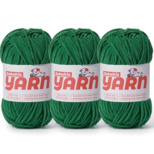 3 x grobes Plüsch-Chenille-Garn zum Häkeln, weiches, flauschiges Samtgarn zum Häkeln, flauschiges Babydecken-Strickgarn, 300 g, sperrige Amigurumi-Garne (3 grün) von Sekafris