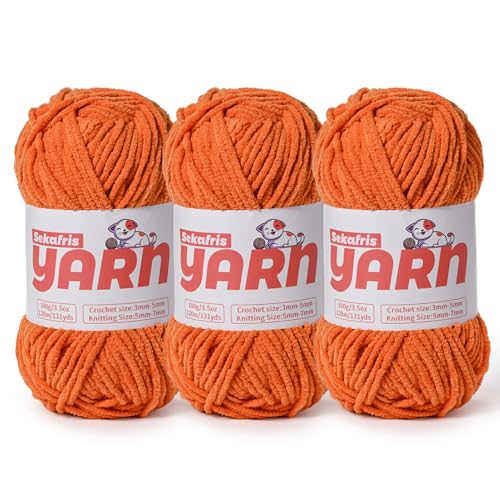 3 x grobes Plüsch-Chenille-Garn zum Häkeln, weiches, flauschiges Samtgarn zum Häkeln, flauschiges Babydecken-Strickgarn, 300 g, sperrige Amigurumi-Garne (3 orange) von Sekafris