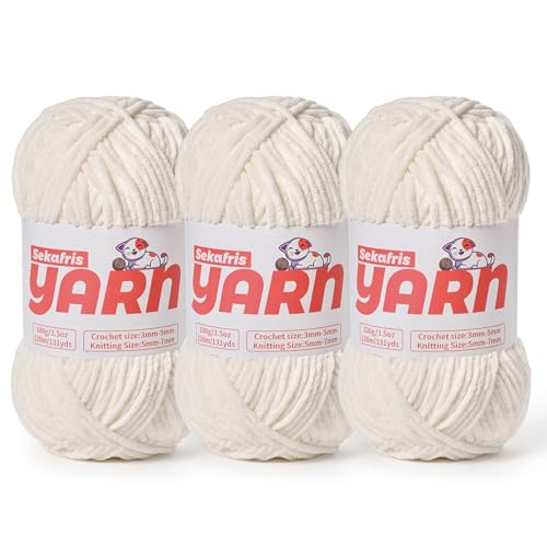 3 x grobes Plüsch-Chenille-Garn zum Häkeln, weiches, flauschiges Samtgarn zum Häkeln, flauschiges Babydecken-Strickgarn, 300 g, sperrige Amigurumi-Garne (3 weiß) von Sekafris