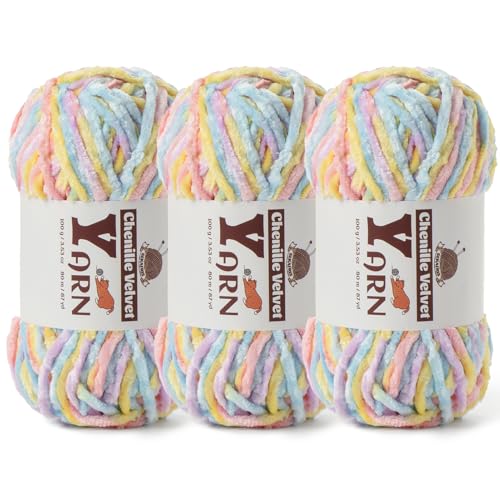 3er-Pack Plüsch-Chenille-Garn – flauschiges Samtgarn zum Stricken und Häkeln von Decken – weiche Babygarne zum Häkeln – Amigurumi-Häkelgarne 100 g (3 Macaron) von Sekafris