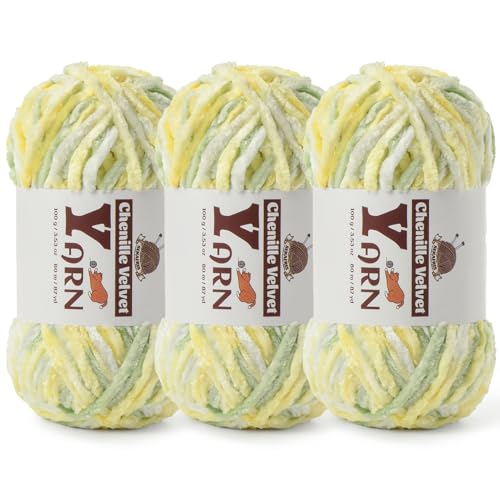 3er-Pack Plüsch-Chenille-Garn – flauschiges Samtgarn zum Stricken und Häkeln von Decken – weiche Babygarne zum Häkeln – Amigurumi-Häkelgarne 100 g (3 grünliches Gelb) von Sekafris