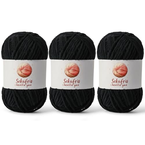3er-Pack schwarzes grobes Chenille-Garn zum Häkeln, sperrige Samtgarne zum Häkeln, Babygarn zum Häkeln, weiche Decke, 400 m/297 g, flauschiges Amigurumi-Häkelgarn 3er-Pack schwarzes grobes Chenille-Garn zum Häkeln, sperrige Samtgarne zum Häkeln, Babygarn zum Häkeln, weiche Decke, 400 m/297 g, flauschiges Amigurumi-Häkelgarn von Sekafris