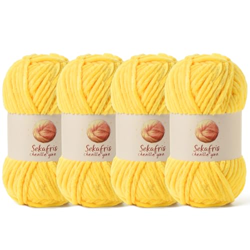 4 Stück grobes Chenille-Garn zum Häkeln, Babygarn zum Häkeln, weiche Decke, 350 m/400 g, sperrige 5 Amigurumi-Garne, flauschige Samtgarne zum Stricken und Basteln (4 hellgelb) von Sekafris