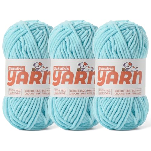 Azure Chunky Chenille-Garn zum Häkeln, Babygarn zum Häkeln, weiche Decke/Amigurumi, 300 g, super sperrig, flauschig, samtig, Strickgarn, Häkelgarn, 3 Stück von Sekafris