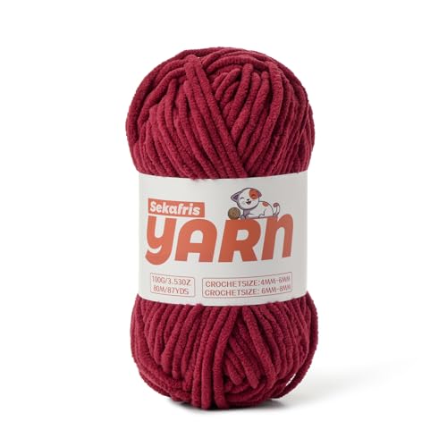 Burgunderrotes grobes Chenille-Garn zum Häkeln, Babygarn zum Häkeln, weiche Decke/Amigurumi, 100 g, super sperriges, flauschiges Samt-Strick-/Häkelgarn Burgunderrotes grobes Chenille-Garn zum Häkeln, Babygarn zum Häkeln, weiche Decke/Amigurumi, 100 g, super sperriges, flauschiges Samt-Strick-/Häkelgarn von Sekafris