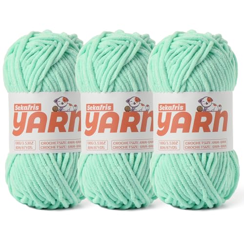 Chenille-Garn zum Häkeln, Babygarn zum Häkeln, weiche Decke/Amigurumi, 300 g, super sperriges, flauschiges Samt-Strick-/Häkelgarn, Aquagrün, 3 Stück von Sekafris