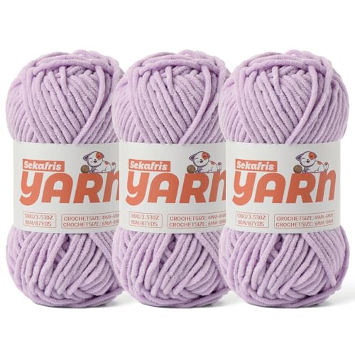 Chenille-Garn zum Häkeln, Babygarn zum Häkeln, weiche Decke/Amigurumi, 300 g, super sperriges, flauschiges Samt-Strick-/Häkelgarn, Hellviolett, 3 Stück von Sekafris