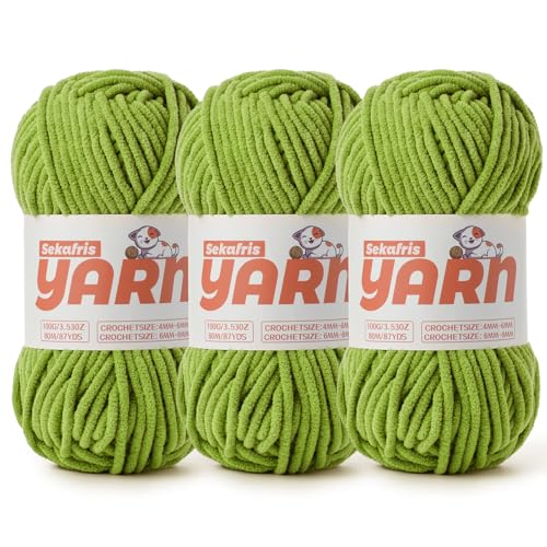 Chenille-Garn zum Häkeln, Babygarn zum Häkeln, weiche Decke/Amigurumi, 300 g, super sperriges, flauschiges Samt-Strick-/Häkelgarn, Limettengrün, 3 Stück von Sekafris