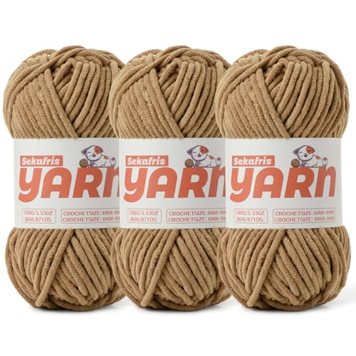 Chenille-Garn zum Häkeln, Babygarn zum Häkeln, weiche Decke/Amigurumi, 300 g, supersperrig, flauschig, samtig, Strickgarn, 3 Stück von Sekafris