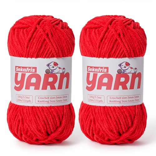 Chunky Chenille-Garn zum Häkeln, weiches, flauschiges Samtgarn zum Häkeln, Amigurumi, flauschiges Babydecken-Stricken, 200 g, sperrig (2 Rot) von Sekafris