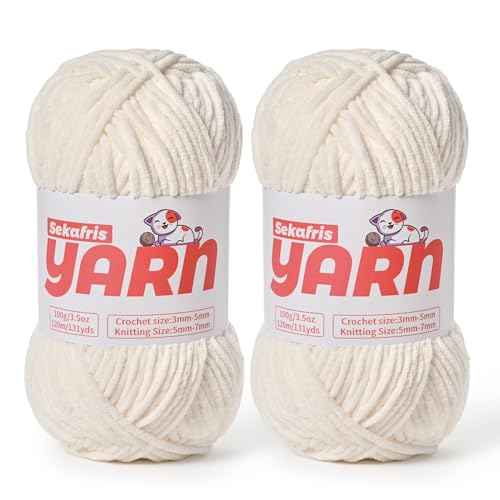 Chunky Chenille-Garn zum Häkeln, weiches, flauschiges Samtgarn zum Häkeln, Amigurumi, flauschiges Babydecken-Stricken, 200 g, sperrig (2 weiß) von Sekafris