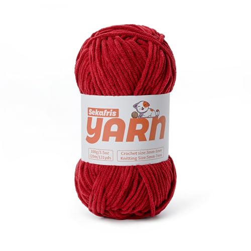 Chunky Chenille-Garn zum Häkeln, weiches, flauschiges Samtgarn zum Häkeln, flauschige Babydecken-Strickgarne, 100 g, sperrige Amigurumi-Garne (Burgunderrot) von Sekafris