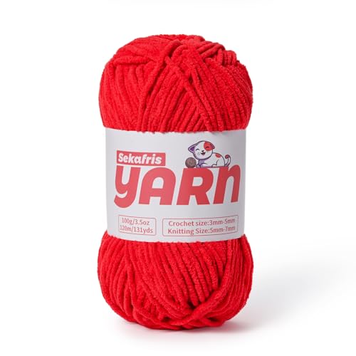 Chunky Chenille-Garn zum Häkeln, weiches, flauschiges Samtgarn zum Häkeln, flauschiges Babydecken-Strickgarn, 100 g, sperrige Amigurumi-Garne (rot) von Sekafris