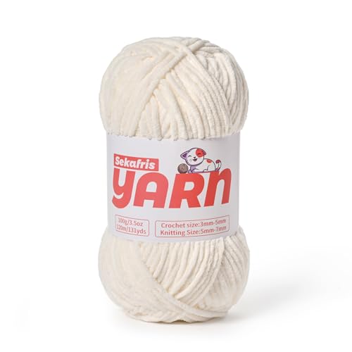 Chunky Chenille-Garn zum Häkeln, weiches, flauschiges Samtgarn zum Häkeln, flauschiges Babydecken-Strickgarn, 100 g, sperrige Amigurumi-Garne (weiß) von Sekafris