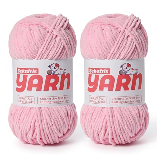 Dickes Chenille-Garn zum Häkeln, weiches, flauschiges Samtgarn zum Häkeln, Amigurumi, flauschiges Babydecken-Stricken, 200 g, 260 m, 2 rosa von Sekafris