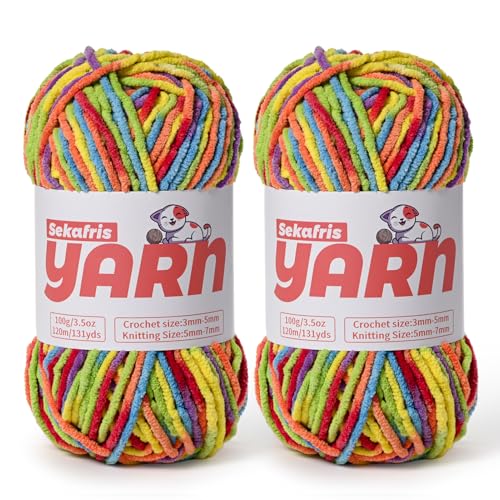 Dickes Chenille-Garn zum Häkeln, weiches, flauschiges Samtgarn zum Häkeln, Amigurumi, flauschiges Babydecken-Stricken, 200 g, 260 m, 2 x Regenbogenfarben Dickes Chenille-Garn zum Häkeln, weiches, flauschiges Samtgarn zum Häkeln, Amigurumi, flauschiges Babydecken-Stricken, 200 g, 260 m, 2 x Regenbogenfarben von Sekafris