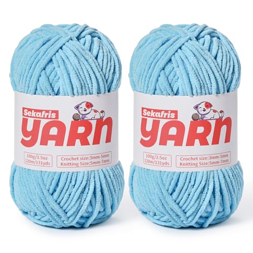Dickes Chenille-Garn zum Häkeln, weiches, flauschiges Samtgarn zum Häkeln, Amigurumi, flauschiges Babydecken-Stricken, 200 g, sperrig (2 Azurblau) von Sekafris