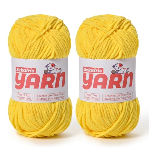 Dickes Chenille-Garn zum Häkeln, weiches, flauschiges Samtgarn zum Häkeln, Amigurumi, flauschiges Babydecken-Stricken, 200 g, sperrig (2 Gelb) von Sekafris