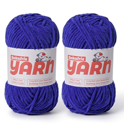 Dickes Chenille-Garn zum Häkeln, weiches, flauschiges Samtgarn zum Häkeln, Amigurumi, flauschiges Babydecken-Stricken, 200 g, sperrig (2 Saphirblau) von Sekafris