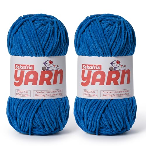 Dickes Chenille-Garn zum Häkeln, weiches, flauschiges Samtgarn zum Häkeln, Amigurumi, flauschiges Babydecken-Stricken, 200 g, sperrig (2 blau) von Sekafris