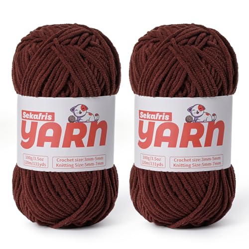 Dickes Chenille-Garn zum Häkeln, weiches, flauschiges Samtgarn zum Häkeln, Amigurumi, flauschiges Babydecken-Stricken, 200 g, sperrig (2 dunkler Kaffee) von Sekafris