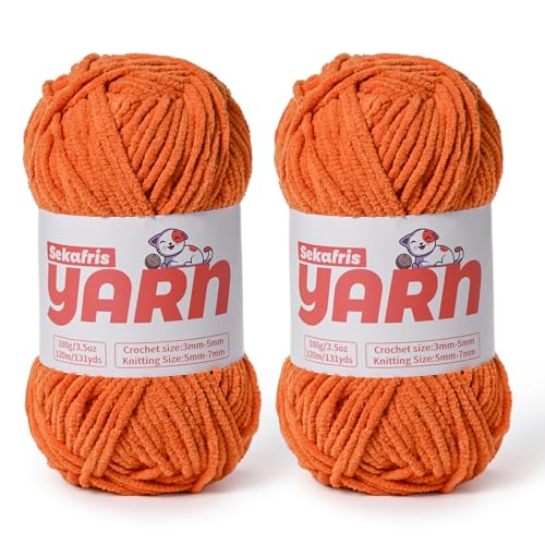 Dickes Chenille-Garn zum Häkeln, weiches, flauschiges Samtgarn zum Häkeln, Amigurumi, flauschiges Babydecken-Stricken, 200 g, sperrig (2 orange) von Sekafris
