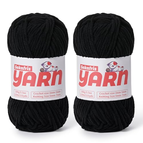 Dickes Chenille-Garn zum Häkeln, weiches, flauschiges Samtgarn zum Häkeln, Amigurumi, flauschiges Babydecken-Stricken, 200 g, sperrig (2 schwarz) von Sekafris