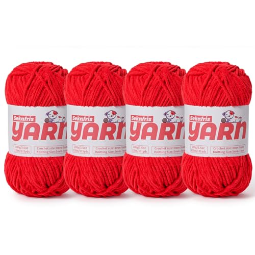 Dickes Chenille-Garn zum Häkeln, weiches, flauschiges Samtgarn zum Häkeln, Amigurumi, flauschiges Babydecken-Stricken, 400 g, 4 Stück, Rot von Sekafris