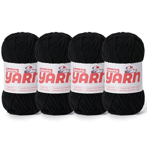 Dickes Chenille-Garn zum Häkeln, weiches, flauschiges Samtgarn zum Häkeln, Amigurumi, flauschiges Babydecken-Stricken, 400 g, 4 Stück, Schwarz von Sekafris
