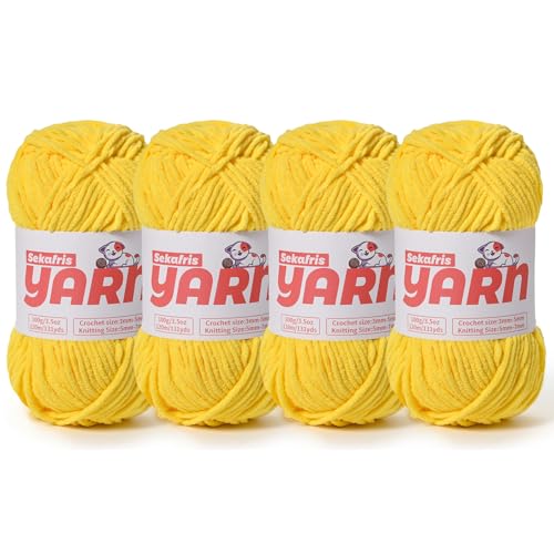 Dickes Chenille-Garn zum Häkeln, weiches, flauschiges Samtgarn zum Häkeln, Amigurumi, flauschiges Babydecken-Stricken, 400 g, 4 x Gelb von Sekafris
