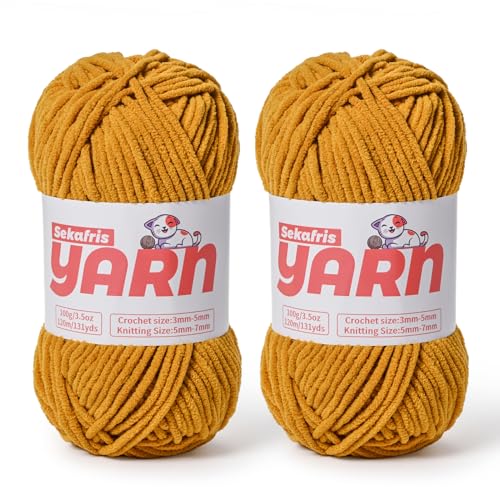 Dickes Chenille-Garn zum Häkeln, weiches, flauschiges Samtgarn zum Häkeln, Amigurumi, flauschiges Stricken von Babydecken, 200 g, 2 Stück, Ingwerfarben Dickes Chenille-Garn zum Häkeln, weiches, flauschiges Samtgarn zum Häkeln, Amigurumi, flauschiges Stricken von Babydecken, 200 g, 2 Stück, Ingwerfarben von Sekafris