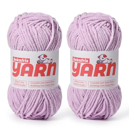 Dickes Chenille-Garn zum Häkeln, weiches, flauschiges Samtgarn zum Häkeln, Amigurumi, flauschiges Stricken von Babydecken, 200 g, 260 m, 2 Hellviolett von Sekafris