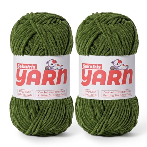 Dickes Chenille-Garn zum Häkeln, weiches, flauschiges Samtgarn zum Häkeln, Amigurumi, flauschiges Stricken von Babydecken, 200 g, 260 m, 2 Kieferngrün von Sekafris