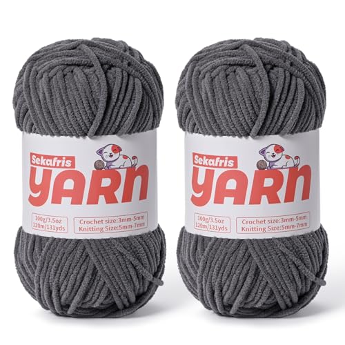 Dickes Chenille-Garn zum Häkeln, weiches, flauschiges Samtgarn zum Häkeln, Amigurumi, flauschiges Stricken von Babydecken, 200 g, 260 m, 2 dunkelgrau von Sekafris