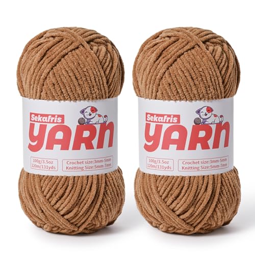 Dickes Chenille-Garn zum Häkeln, weiches, flauschiges Samtgarn zum Häkeln, Amigurumi, flauschiges Stricken von Babydecken, 200 g, 260 m, 2 helle Kaffeebraun von Sekafris
