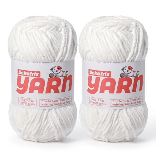 Dickes Chenille-Garn zum Häkeln, weiches, flauschiges Samtgarn zum Häkeln, Amigurumi, flauschiges Stricken von Babydecken, 200 g, 260 m, 2 schneeweiß) von Sekafris