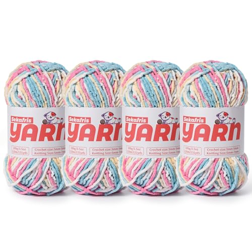 Dickes Chenille-Garn zum Häkeln, weiches, flauschiges Samtgarn zum Häkeln, Amigurumi, flauschiges Stricken von Babydecken, 400 g, 4 Bonbonfarben Dickes Chenille-Garn zum Häkeln, weiches, flauschiges Samtgarn zum Häkeln, Amigurumi, flauschiges Stricken von Babydecken, 400 g, 4 Bonbonfarben von Sekafris