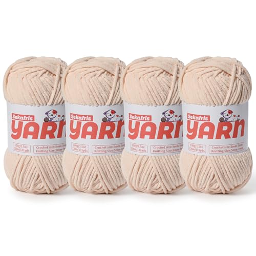 Dickes Chenille-Garn zum Häkeln, weiches, flauschiges Samtgarn zum Häkeln, Amigurumi, flauschiges Stricken von Babydecken, 400 g, 4 Stück, Beige Dickes Chenille-Garn zum Häkeln, weiches, flauschiges Samtgarn zum Häkeln, Amigurumi, flauschiges Stricken von Babydecken, 400 g, 4 Stück, Beige von Sekafris
