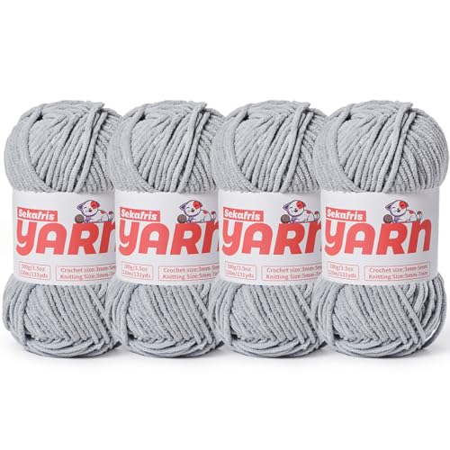 Dickes Chenille-Garn zum Häkeln, weiches, flauschiges Samtgarn zum Häkeln, Amigurumi, flauschiges Stricken von Babydecken, 400 g, 4 gräulich von Sekafris
